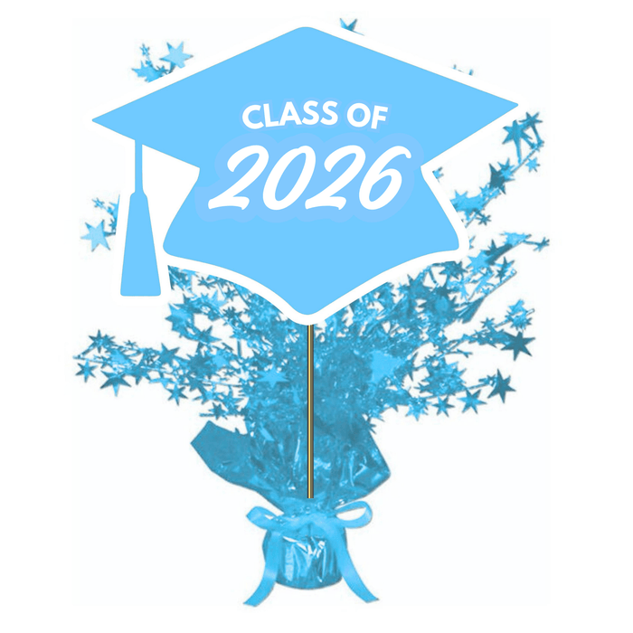 Light blue graduation cap centerpiece spray with "Class of 2026" text, featuring a mortarboard top, tassel, and bursting star confetti design on a white background.