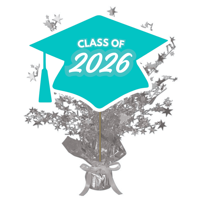 Turquoise graduation cap centerpiece with silver stars and confetti bursting upward from a gray and silver wrapped base with a ribbon bow.