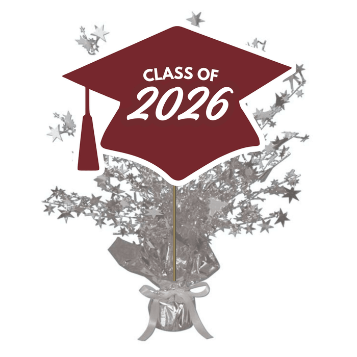 Dark maroon graduation cap with white tassel centered above a silver metallic burst spray base tied with a ribbon, surrounded by gray stars.