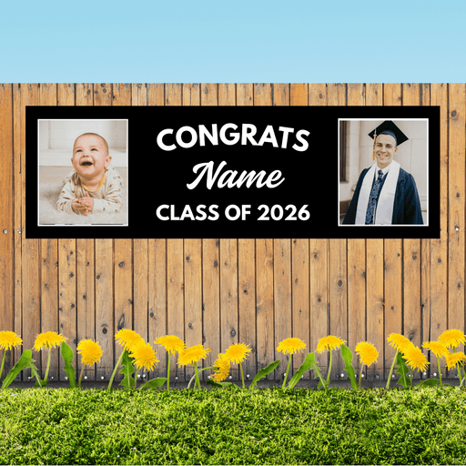Grad in Color Congrats Custom Banner Name and 2 Photos 2'x6' | 1ct
