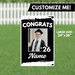 Large black and white yard sign with "CONGRATS" text, a photo placeholder for a graduation photo, "'26" graduation year, and customizable name field, measuring 24 inches by 36 inches.