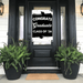 Black and white "Congrats Graduate Class of '26" door banner displayed on a black front door with ferns in black planters on either side.