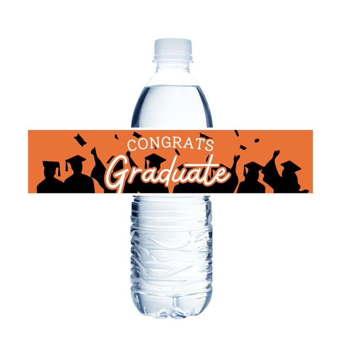 Clear plastic water bottle with an orange band wrapped around the middle displaying black silhouettes of graduates in caps and gowns with "CONGRATS Graduate" text in white lettering.