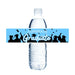 Water bottle label with blue background featuring silhouettes of graduates in caps and gowns throwing mortarboards, white text reading "CONGRATS Graduate" and confetti graphics.