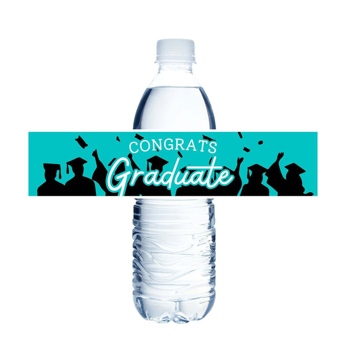 Plastic water bottle with a turquoise label band featuring silhouettes of graduates in caps and gowns with "CONGRATS Graduate" text in white lettering.