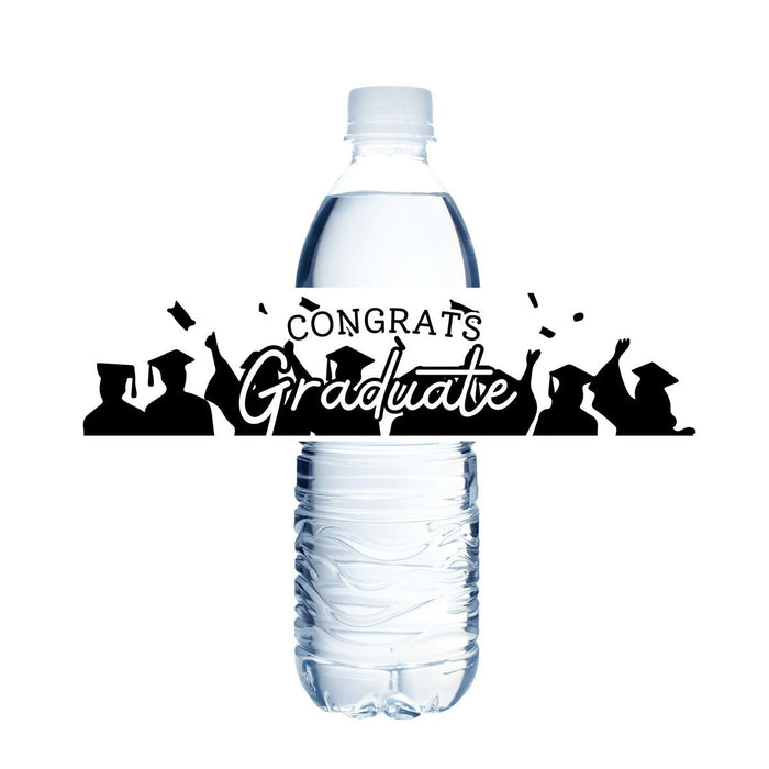 Water bottle label featuring "Congrats Graduate" text with silhouettes of graduating students in caps and gowns against a white background.