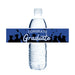 Water bottle label featuring a blue band with silhouettes of graduates in caps and gowns, and white text reading "CONGRATS Graduate" wrapped around a clear plastic water bottle.