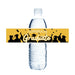 Plastic water bottle wrapped with a gold and black graduation-themed label featuring silhouettes of graduates in caps and gowns with "Congrats Graduate" text.