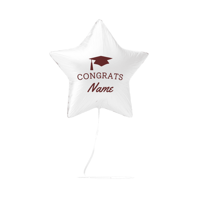 White star-shaped foil balloon with dark red graduation cap icon and "CONGRATS Name" text in maroon lettering.