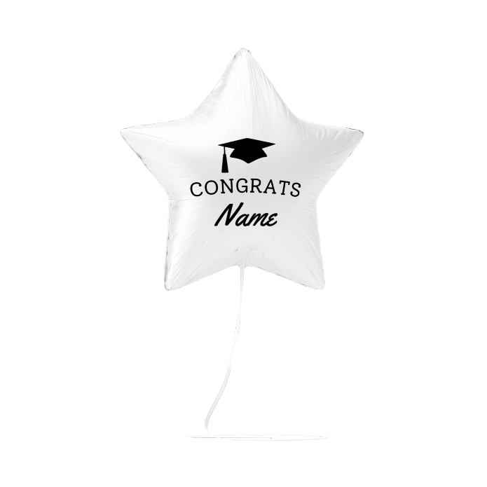 White star-shaped foil balloon with a graduation cap icon and "CONGRATS Name" text printed in black.