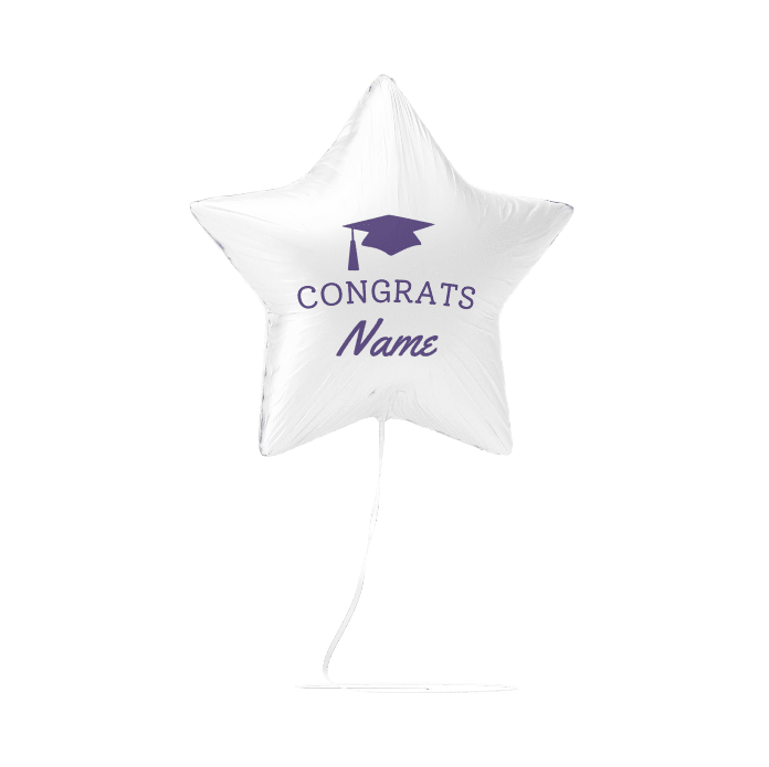 White star-shaped foil balloon with purple graduation cap icon and "CONGRATS Name" text, displayed with string attached.