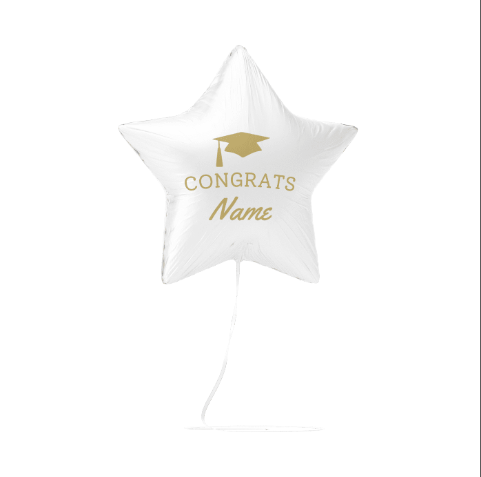 White star-shaped foil balloon with gold graduation cap icon and "CONGRATS Name" text, suspended by a white string.