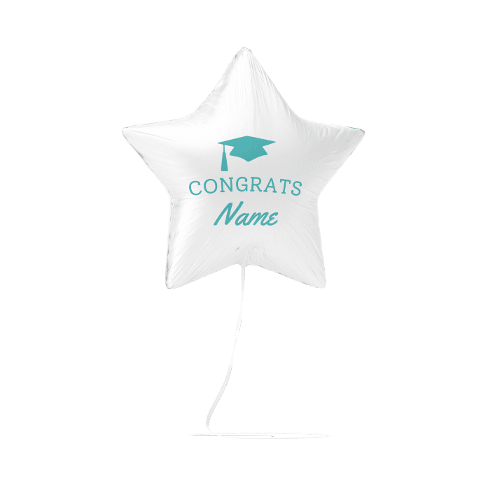 White star-shaped foil balloon with teal graduation cap icon and "CONGRATS Name" text, suspended by a string.