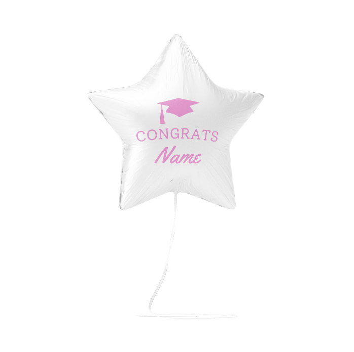 White star-shaped foil balloon with pink graduation cap icon and "CONGRATS Name" text in pink lettering, attached to a string.