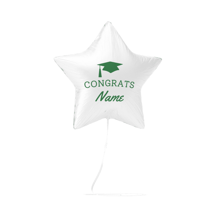 White star-shaped foil balloon with green graduation cap icon and "CONGRATS Name" text, attached to a string.