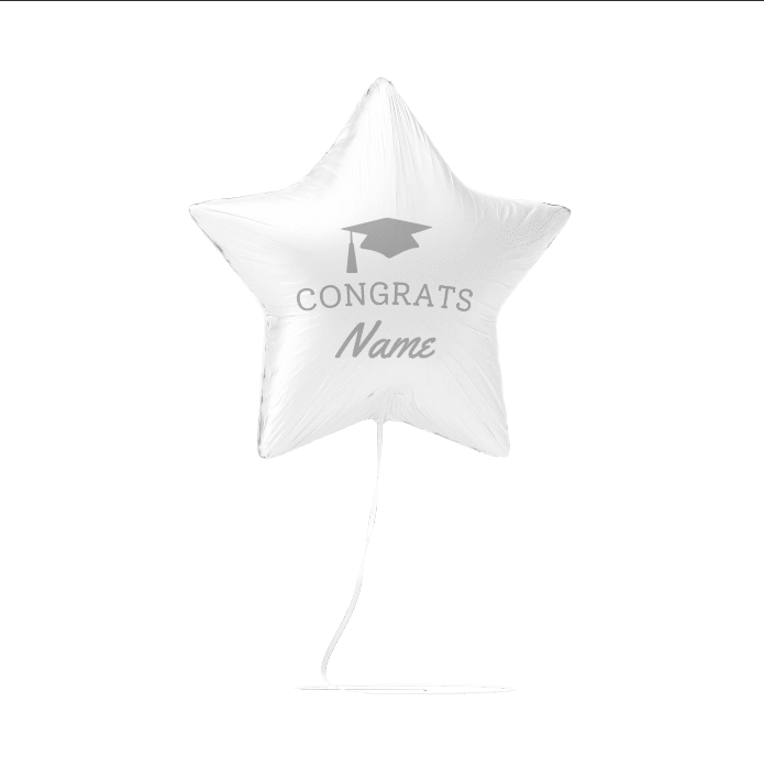 White star-shaped foil balloon with a graduation cap icon and "CONGRATS Name" text printed in gray, shown with attached string.