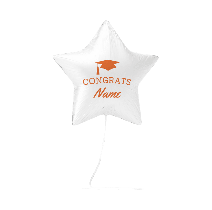 White star-shaped mylar balloon with orange graduation cap icon and "CONGRATS Name" text, suspended by a string.