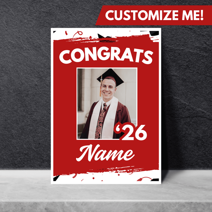 Graduation-themed customizable poster with a photo of a graduate against a dark gray background.