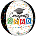 Orbz balloon featuring a graduation cap and "Congrats Grad" text in colorful banner letters, surrounded by gold stars, tassels, and beaded garland decorations on a white background with black starry border.