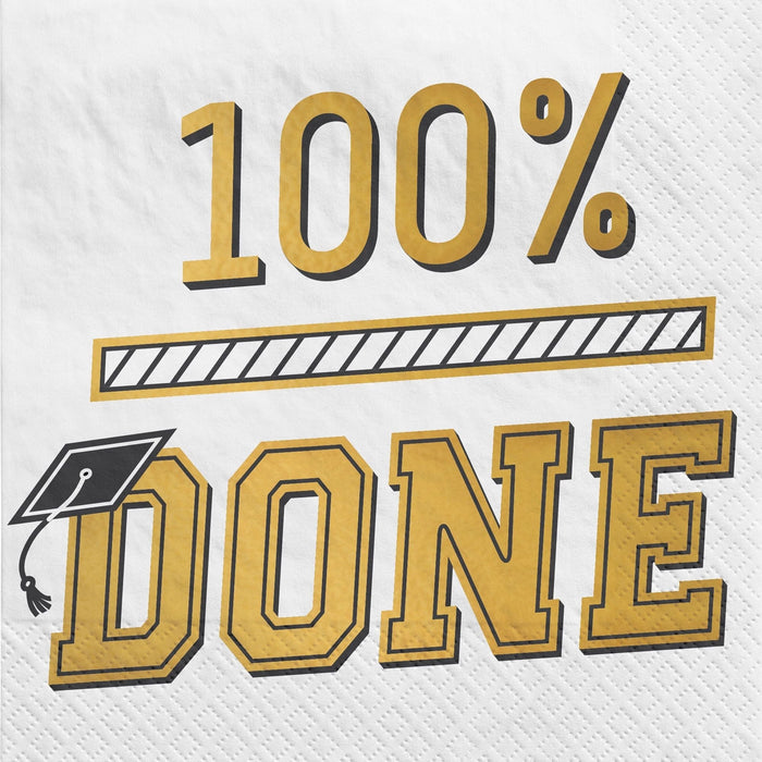 White paper napkin featuring gold and black text reading "100%" with a progress bar, and "DONE" in large gold letters with a graduation cap icon.