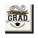 White and black beverage napkins with gold accents featuring "Congrats GRAD" text, a mortarboard cap, decorative scrollwork, and laurel wreaths.