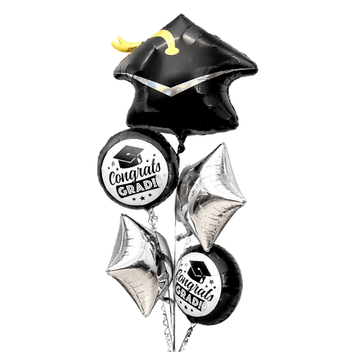 Graduation Balloon Bouquet – Red, Silver & Black | 5ct