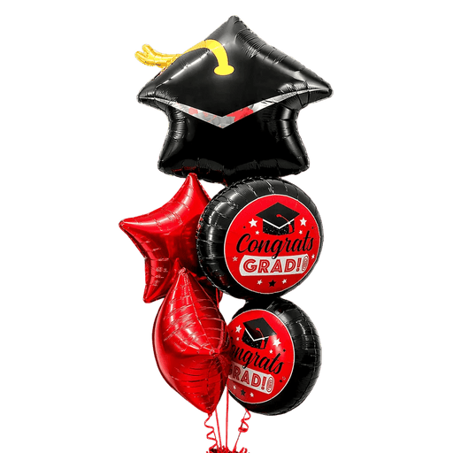Graduation Balloon Bouquet – Red, Silver & Black | 5ct