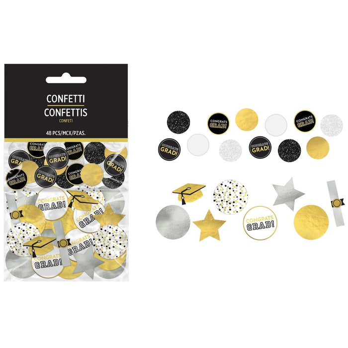 Black, gold, and silver graduation confetti set with 48 pieces including circles, stars, and cap-shaped pieces with "Congrats Grad" text in various finishes and glitter effects.