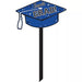 Blue graduation cap-shaped yard sign with "Congrats GRAD!" text and stars, mounted on a black stake.
