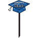 Blue graduation cap lawn sign with "CONGRATS GRAD" text, white and black stars, tassel detail, and black stake for outdoor display.