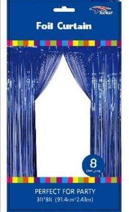 Blue metallic foil curtain with colorful fringe trim at top and bottom, 8 feet tall, packaged for party decorations.