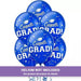 Seven blue latex balloons arranged in a cluster, each printed with "Congrats" and "GRAD!" in white text alongside graduation cap icons and stars, with a purple banner below stating "Helium not included.
