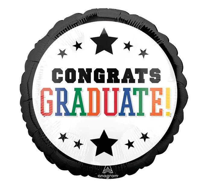 Round black-bordered mylar balloon featuring "Congrats Graduate!" in multicolored letters with decorative stars.