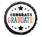 Round black-bordered mylar balloon featuring "Congrats Graduate!" in multicolored letters with decorative stars.