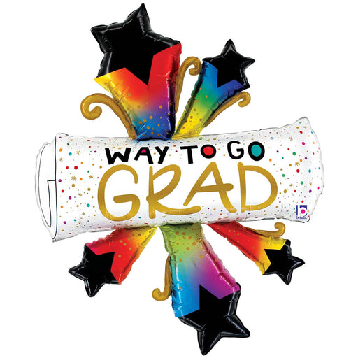 Colorful foil balloon featuring "Way To Go Grad" text on a white diploma scroll, surrounded by black stars and rainbow-colored scrolls with gold accents.