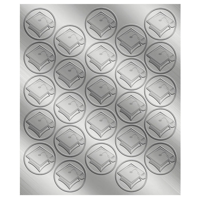Fifty silver circular seals arranged in rows on a metallic background, each seal featuring an embossed graduation cap design.