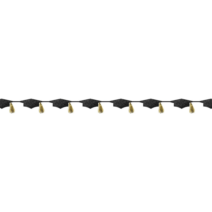 Black glittery graduation cap banner with gold tassels arranged in a continuous 12-foot strand against a white background.