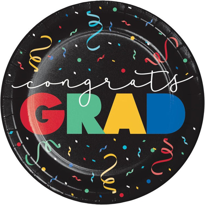 Black round paper plate with colorful confetti and ribbons, featuring "congrats GRAD" in large multicolored letters on the center.