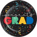 Black round paper plate with colorful confetti and ribbons, featuring "congrats GRAD" in large multicolored letters on the center.