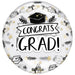 Round clear mylar balloon with "Congrats Grad" text in black, featuring graduation caps, stars, and gold accents throughout the design.