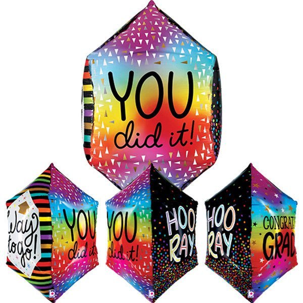 Four colorful iridescent mylar balloons with rainbow gradients featuring graduation messages like "You did it," "Congrats Grad," and "Hooray" arranged in a cluster.