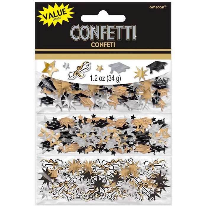 Black, gold, and silver graduation-themed confetti including mortarboard caps, stars, and diploma shapes in a 1.2 oz packet displayed on black packaging.