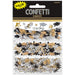 Black, gold, and silver graduation-themed confetti including mortarboard caps, stars, and diploma shapes in a 1.2 oz packet displayed on black packaging.