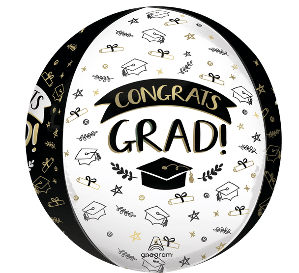 Black and white spherical balloon with gold accents featuring "Congrats Grad" text, graduation caps, stars, laurel wreaths, and diploma icons scattered across the surface.