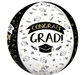 Black and white spherical balloon with gold accents featuring "Congrats Grad" text, graduation caps, stars, laurel wreaths, and diploma icons scattered across the surface.