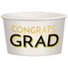 White paper treat cup with gold and black "CONGRATS GRAD" text printed on the exterior.