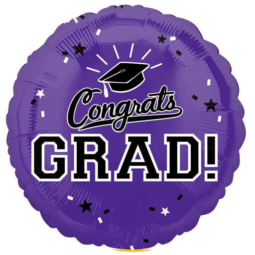 Purple round mylar balloon with "Congrats GRAD" text, a graduation cap icon, and black and white star decorations scattered across the surface.