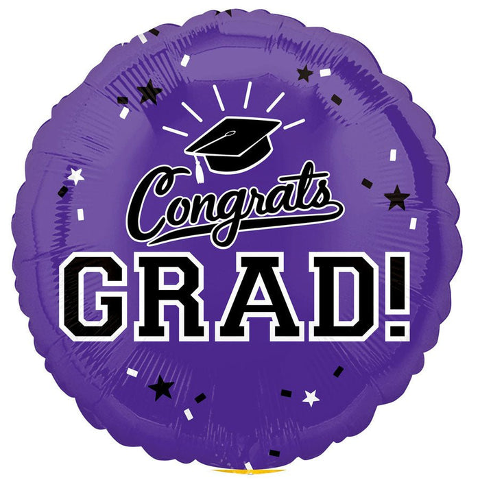 Purple round mylar balloon with "Congrats GRAD" text, a graduation cap icon, and black and white star decorations scattered across the surface.