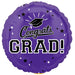 Purple round mylar balloon with "Congrats GRAD" text, a graduation cap icon, and black and white star decorations scattered across the surface.