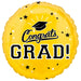 Bright yellow round mylar balloon with "Congrats GRAD!" in black and white text, a graduation cap icon, and scattered black and white stars.